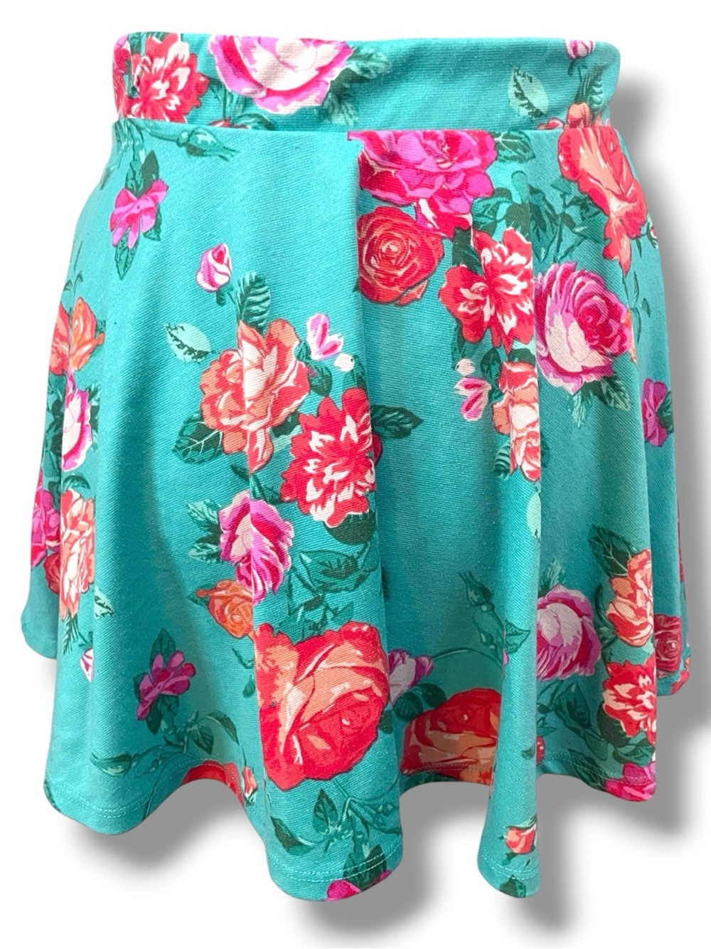 Ambiance Teal Floral Circle Skater Skirt with Pink & Coral Roses